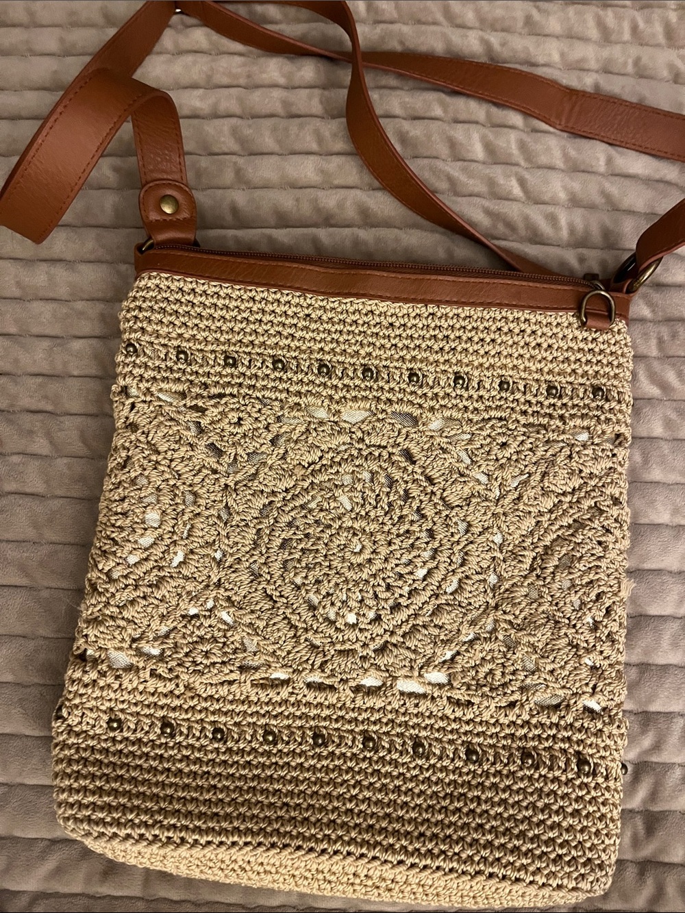 The Sam Woven Crochet Crossbody Bag with Tan Trim